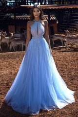 Trendy Blue Halter Long Prom Dress Tulle Evening Ball Dresses Beadings-ballbellauk
