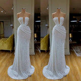 Trendy Plunging Sparkle White Sequined Strapless Prom Dress V-neck-ballbellauk