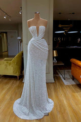 Trendy Plunging Sparkle White Sequined Strapless Prom Dress V-neck-ballbellauk
