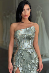 Trendy Silver Asymmetric neckline High split Prom Dress Sequin-ballbellauk