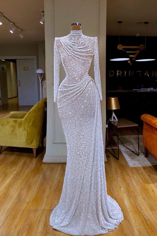 Trendy Sparkle White Long sleeves Pleated Long Prom Dress Sequin ballbellauk