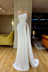 Trendy Strapless Creamy White Pleated Long Prom Dress High-split-ballbellauk
