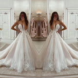 Tulle Long Wedding Dress Lace Appliques Bridal GownsSpaghetti-Strap-ballbellauk