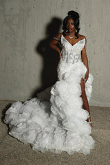 V-neck Ivory Flower Ruffles High Split Court Train Mermaid Prom Dresses-Ballbella