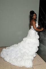 V-neck Ivory Flower Ruffles High Split Court Train Mermaid Prom Dresses-Ballbella