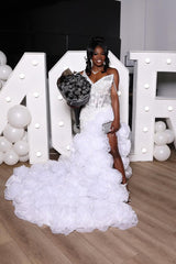 V-neck Ivory Flower Ruffles High Split Court Train Mermaid Prom Dresses-Ballbella