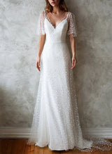 V-Neck Short Sleeves Lace Wedding Dress-Ballbella
