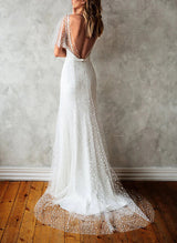 V-Neck Short Sleeves Lace Wedding Dress-Ballbella