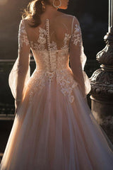 Wedding Dresses A-line Illusion Neck Long Sleeve Long Tulle Pleated Bridal Dress With Train-Ballbella