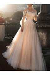 Wedding Dresses A-line Illusion Neck Long Sleeve Long Tulle Pleated Bridal Dress With Train-Ballbella