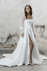 White Casual Wedding Dress A-Line Square Neck Long Sleeves Sexy Backless Applique Cut-Outs Split Front Long Bridal Gowns-Ballbella