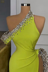 Yellow Green Mermaid Prom Dress Slit Long With Crystals One Shoulder-ballbellauk