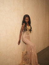 Pretty Gold Sweetheart Strapless Sleeveless Mermaid Prom Dresses Gem Column With Beads