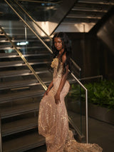 Pretty Gold Sweetheart Strapless Sleeveless Mermaid Prom Dresses Gem Column With Beads