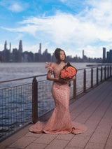 Elegant Dusty Rose Off-The-Shoulder Sweetheart Prom Dresses Mermaid Column Floor Length With Beads