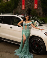 Classic Green Sweetheart One Shoulder Mermaid Prom Dresses Sheath Gem With High Split