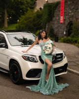 Classic Green Sweetheart One Shoulder Mermaid Prom Dresses Sheath Gem With High Split