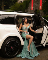 Classic Green Sweetheart One Shoulder Mermaid Prom Dresses Sheath Gem With High Split