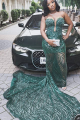 Romantic Emerald Green Strapless Sleeveless Mermaid Prom Dresses Sheath Long With Lace-Up Back