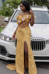 Elegant Yellow Off-The-Shoulder Short Sleeves Mermaid Prom Dresses Beads With High Split