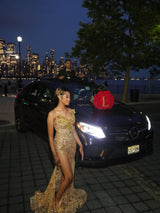 Romantic V-Neck Strapless Sleeveless Mermaid Prom Dresses Sheath Gem With High Split