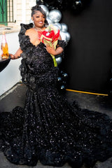 Charming Black Off-The-Shoulder Mermaid Sequin Prom Dresses Sheath Long With Flower