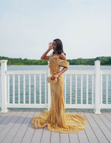 Sparkling Gold V-Neck Off-The-Shoulder Mermaid Prom Dresses Column Long Pearl With Beads