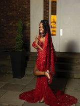 Glamorous Burgundy V-Neck Strapless Sleeveless Mermaid Prom Dresses Sheath Gem With High Split