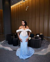 Classic Sky Blue White Off-The-Shoulder Mermaid Prom Dresses Sheath Long With Gem