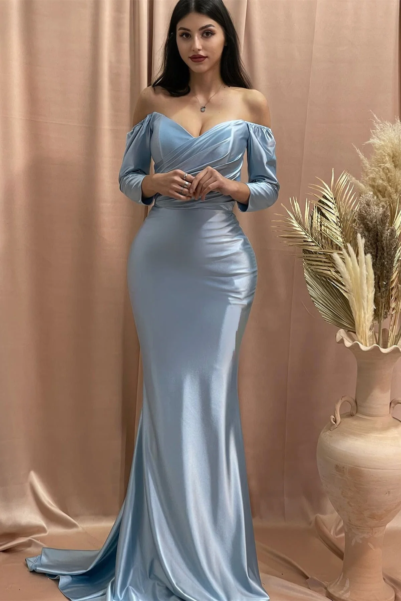 Charming Dusty Blue V-Neck Long Sleeves Satin Prom Dress Mermaid Sheat ballbellauk Charming Dusty Blue V-Neck Long Sleeves Satin Prom Dress Mermaid Sheat ballbellauk