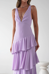 Charming Lilac V-Neck Spaghetti-Straps Sleeveless Prom Dresses Backless With Pleats