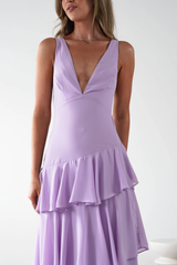 Charming Lilac V-Neck Spaghetti-Straps Sleeveless Prom Dresses Backless With Pleats