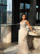 Elegant Straps V-Neck Sleeveless Mermaid Prom Dresses Beads With Feather