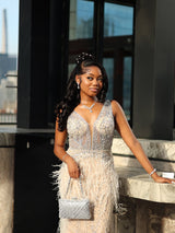 Elegant Straps V-Neck Sleeveless Mermaid Prom Dresses Beads With Feather