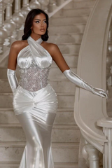 Halter Shiny Mermaid Satin Floor length Keyhole Prom Dresses