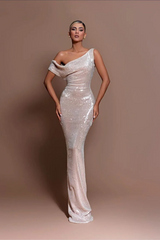 One Shoulder Unique Neckline Cap Sleeves Floor Length Mermaid Prom Dresses