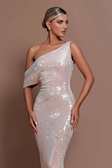 One Shoulder Unique Neckline Cap Sleeves Floor Length Mermaid Prom Dresses