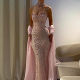 Sweetheart Blushing Pink Mermaid Sparkle Gems Shawl Floor Length Prom Dresses