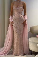 Sweetheart Blushing Pink Mermaid Sparkle Gems Shawl Floor Length Prom Dresses