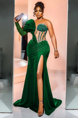 Unique One Shoulder Emerald Green High Split Floor length Prom Dresses