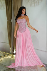 Pretty Pink Spaghetti-Straps Chiffon Prom Dresses Floor Length Sleeveless With Beads