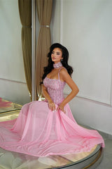 Pretty Pink Spaghetti-Straps Chiffon Prom Dresses Floor Length Sleeveless With Beads