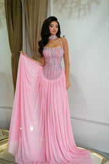 Pretty Pink Spaghetti-Straps Chiffon Prom Dresses Floor Length Sleeveless With Beads