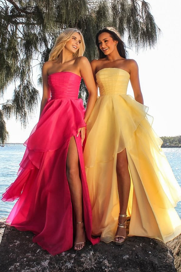 Beautiful Daffodil Strapless A-Line Prom Dresses Sleeveless With High Slit Online