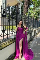 Classy Orchid Sweetheart Prom Dresses Satin Sleeveless High Slit With Pleats