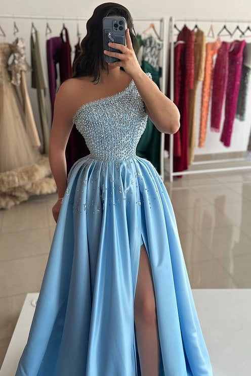 Popular Sky Blue One Shoulder Prom Dresses Sleeveless Sequins With High Slit Pearls