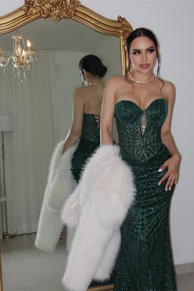 Luxury Dark Green Sweetheart Mermaid Prom Dresses Sequins Lace-Up Back With Overskirt