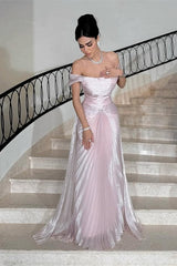 Glamorous Pink Off-The-Shoulder Prom Dress Sleeveless Sheath With Overskirt Pleats