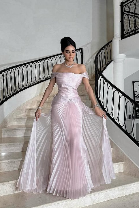 Glamorous Pink Off-The-Shoulder Prom Dress Sleeveless Sheath With Overskirt Pleats