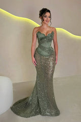 Popular Dusty Sage Sweetheart Mermaid Prom Dresses Sequins Sleeveless On Sale